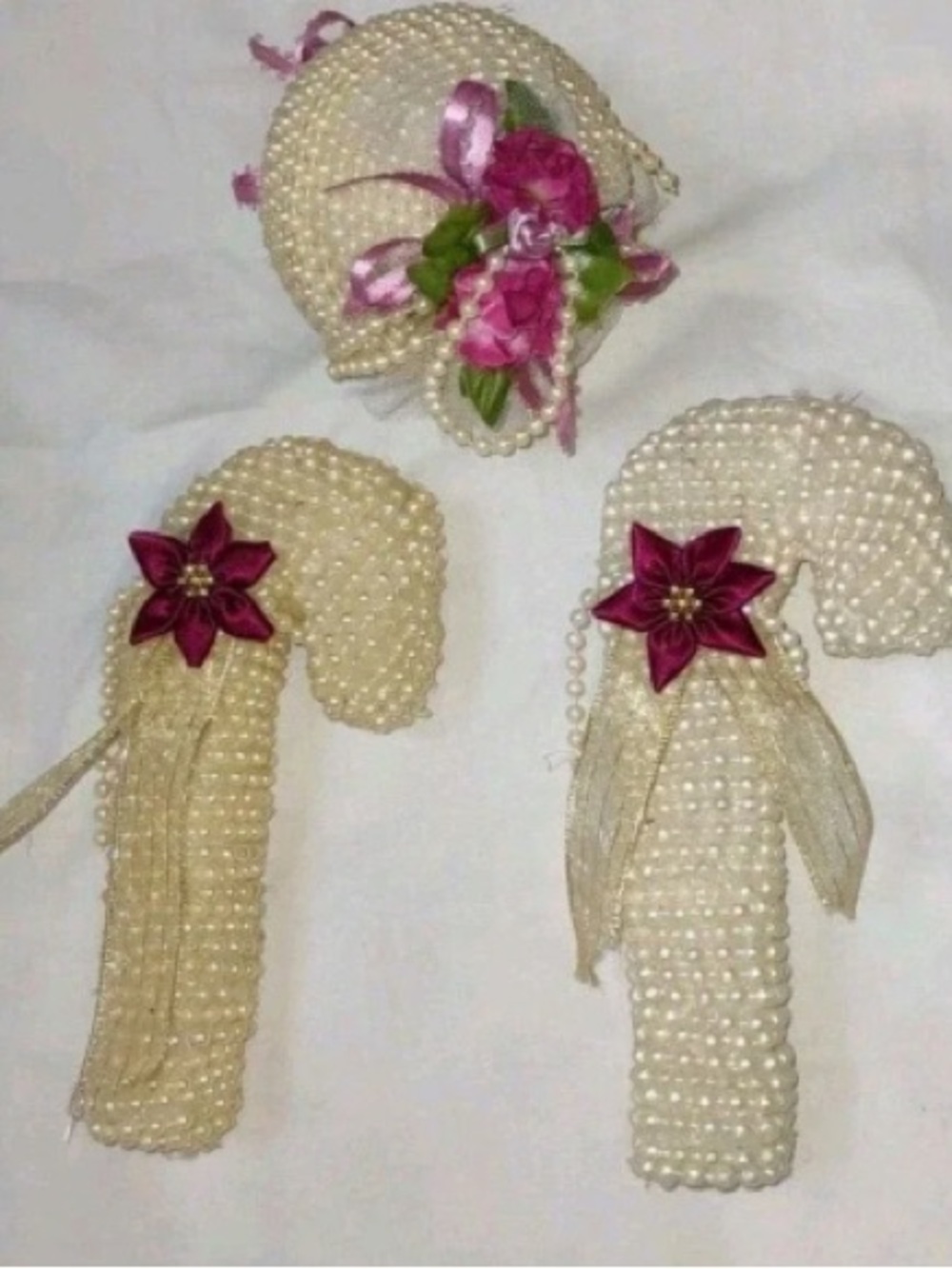 Cream Pearl-Embellished Holiday Candy Cane Pillow Set with Pink Flower Accents